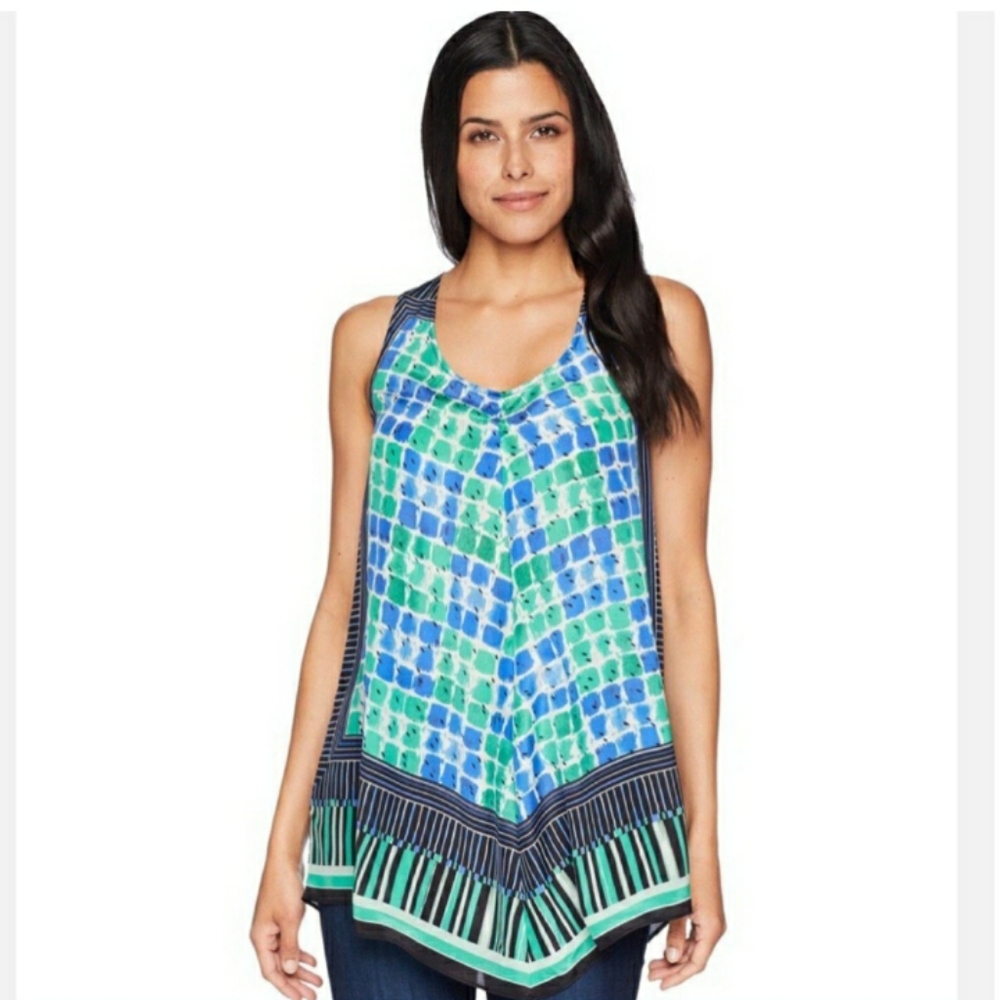 Nic+Zoe Size Medium 75% Silk Blue and Green Women's Sleeveless Blouse Top